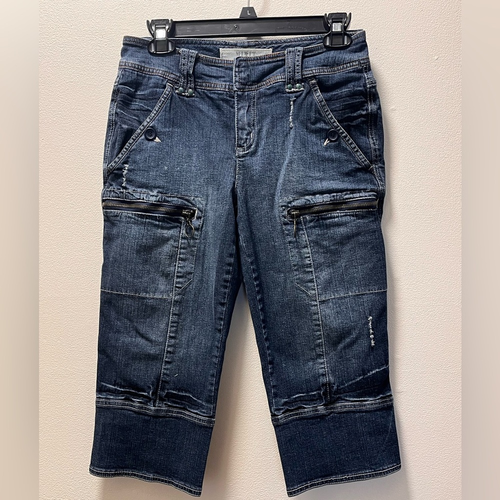 Mix It Dark Y2K Stylish Utility Inspired Y2K Cropped Jeans, Sz 6, Blue Dark Wash